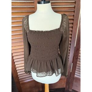 Moa Moa Brown Swiss Dot Square Neck Smocked Peplum Blouse Long Sleeve Women L